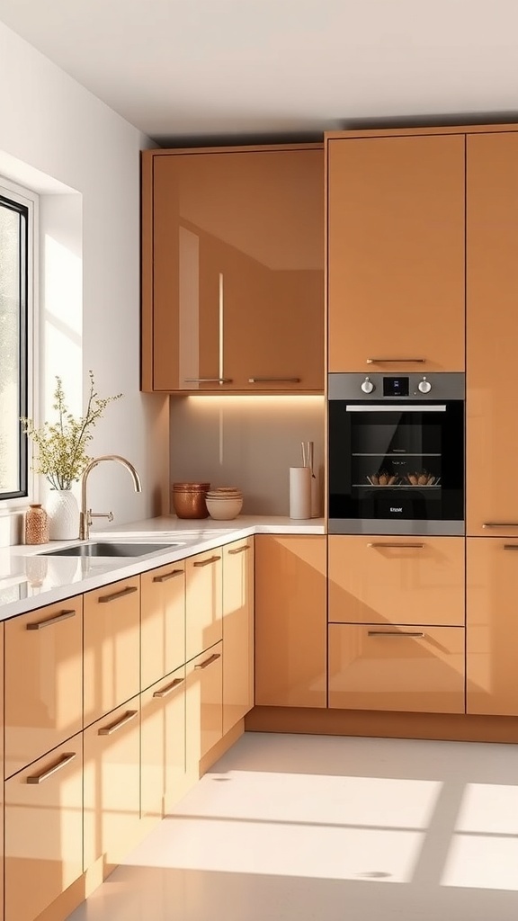 A modern kitchen featuring glossy cashmere cabinets with a sleek design.