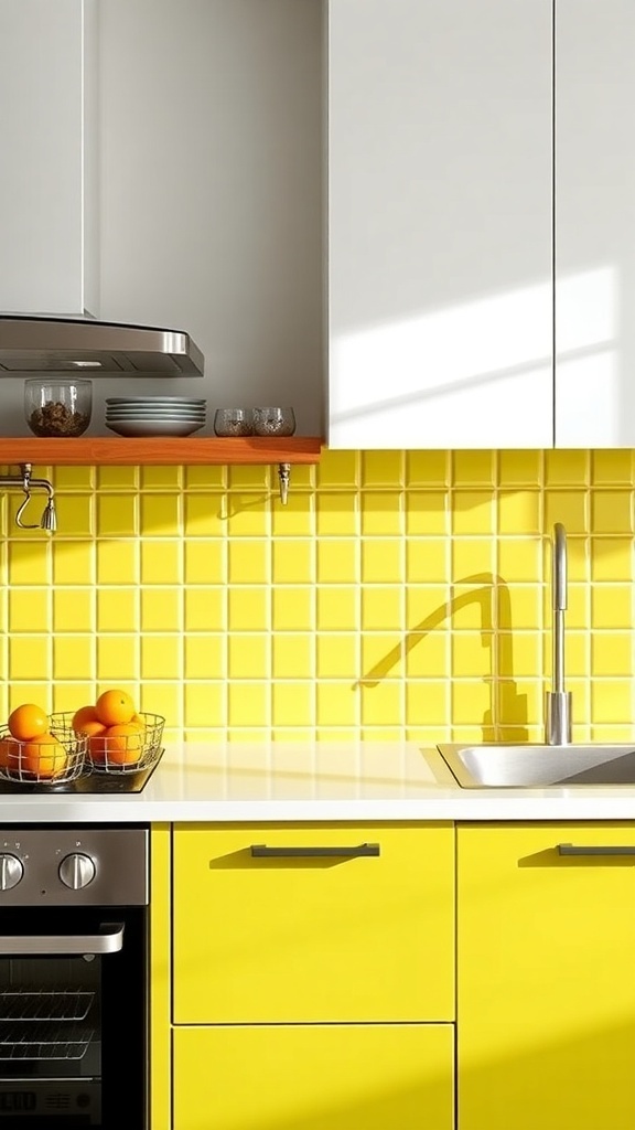 A modern kitchen featuring a glossy chartreuse tile backsplash with white cabinets and a sleek sink.