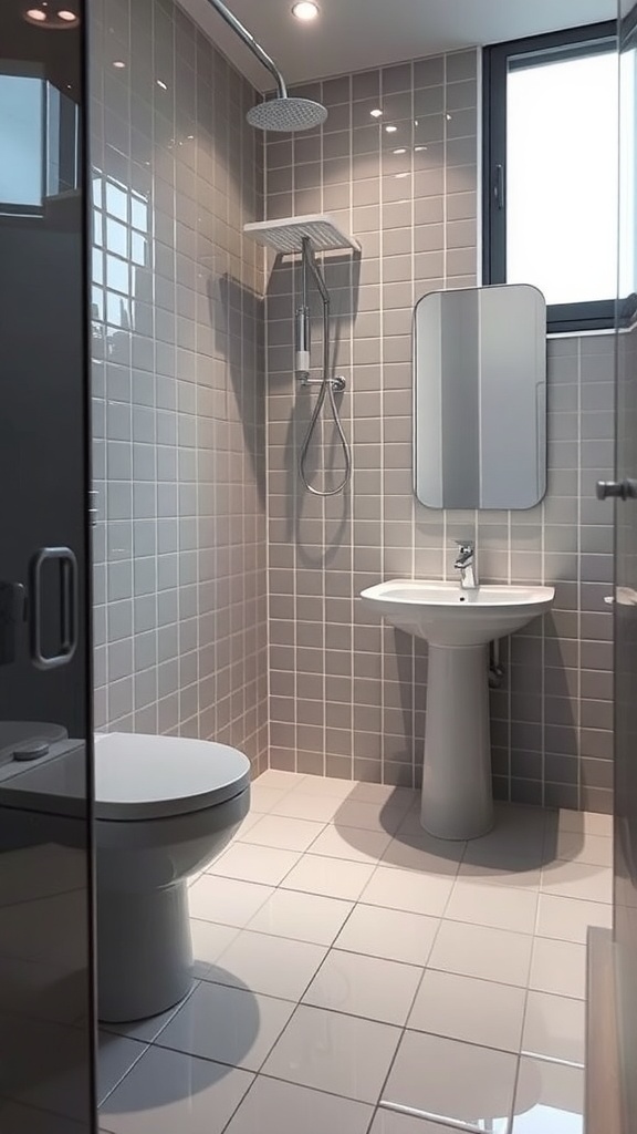 A small bathroom featuring glossy tiles on the walls and floor, with a shower, sink, and window.