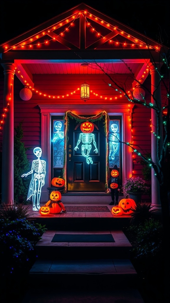 A Halloween porch decorated with glowing skeletons, pumpkins, and string lights, creating a spooky yet inviting atmosphere.