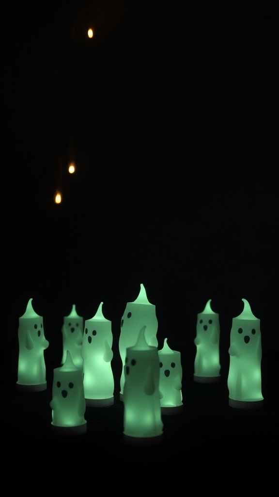 A group of glow-in-the-dark ghost candles glowing softly in a dark setting.