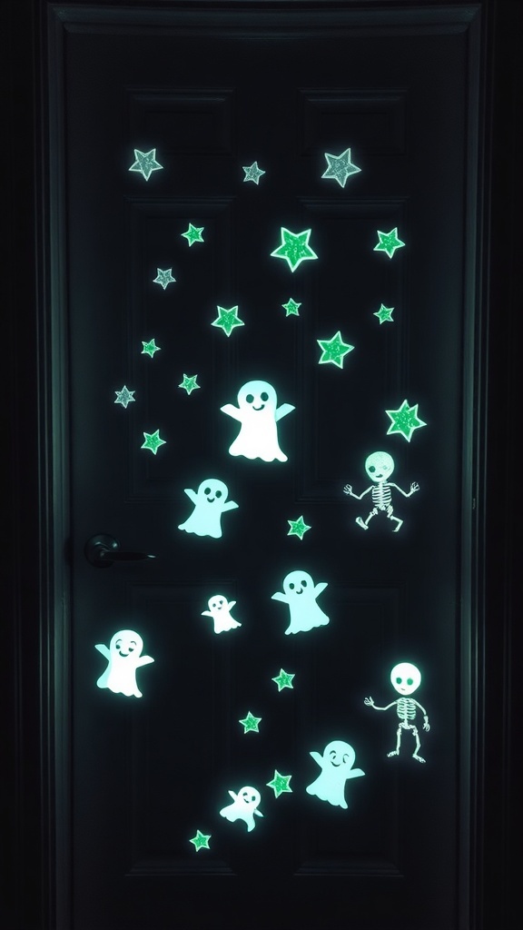 A door decorated with glow-in-the-dark stickers featuring ghosts, stars, and skeletons.