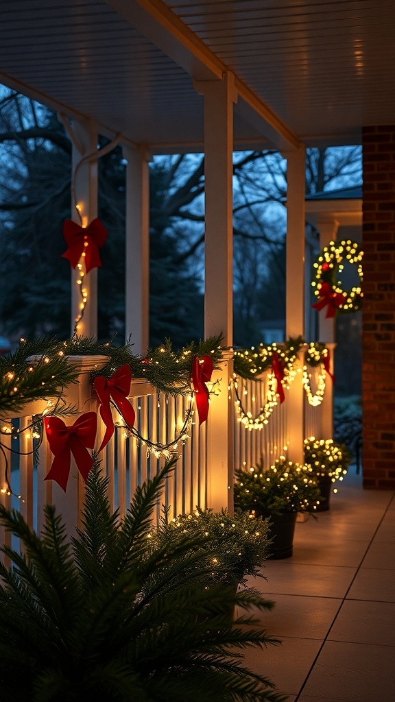 A beautifully decorated porch with lights and bows on the railings, creating a festive atmosphere.