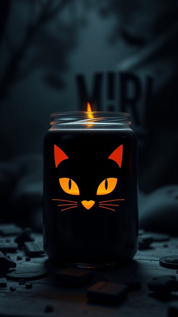 A black candle jar with glowing cat eyes, flickering flame inside.