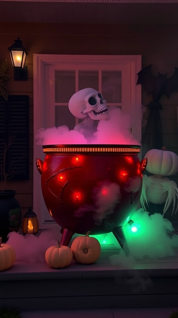 A glowing cauldron with a skeleton inside, surrounded by pumpkins and fog.
