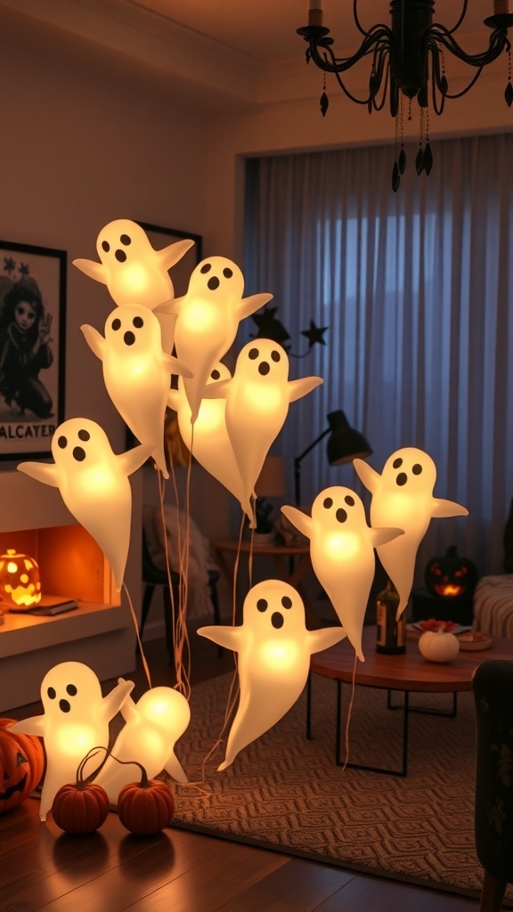 A cluster of glowing ghost balloons in a cozy living room setting, adding a playful Halloween touch.