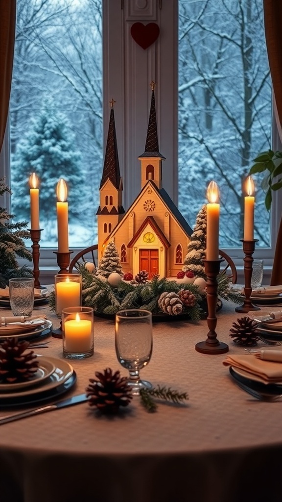 A beautifully decorated holiday table featuring a snowy church centerpiece surrounded by candles and pinecones.