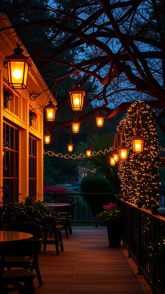 Outdoor space with glowing lanterns hanging from branches and along a railing, creating a warm and inviting atmosphere.