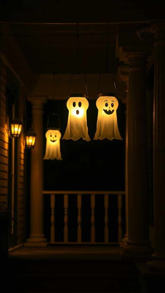Three glowing LED ghost lanterns hanging on a porch