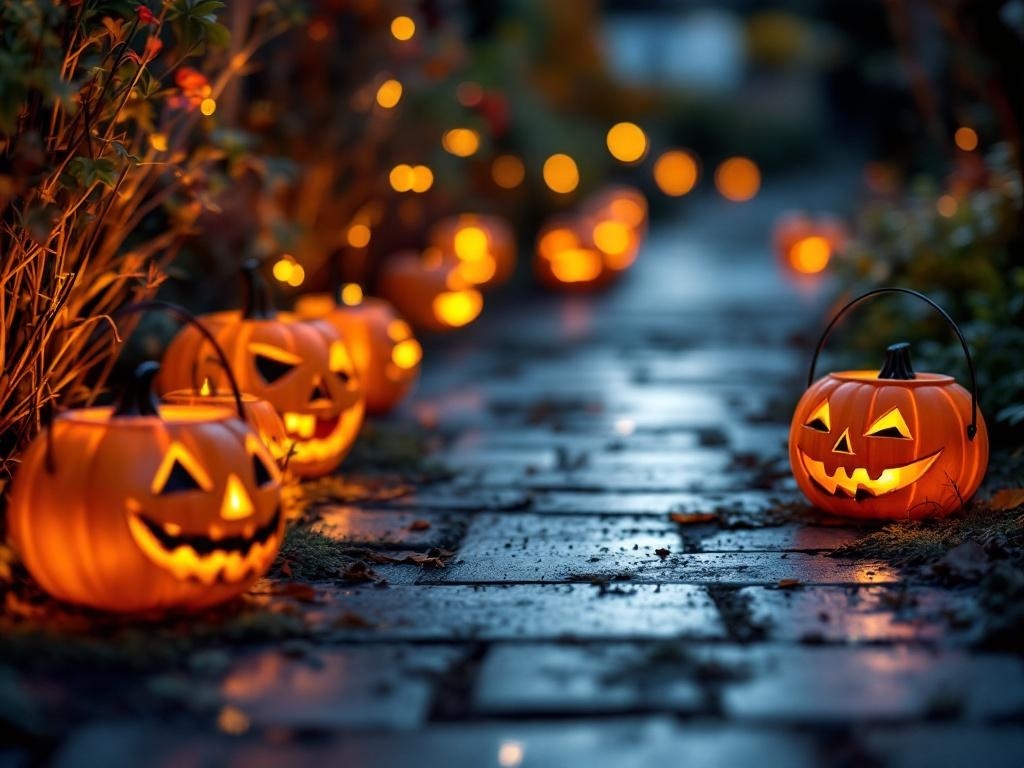 A pathway lined with glowing pumpkin pail lights, creating a festive Halloween atmosphere.