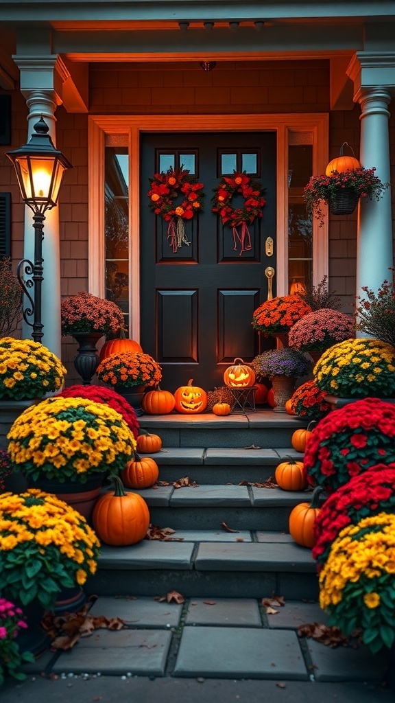 A Halloween porch decorated with glowing pumpkins and colorful autumn flowers.