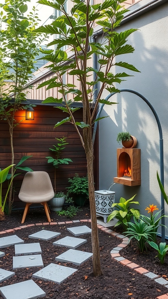 A small backyard featuring a tree, potted plants, and a cozy seating area with a wall-mounted light.