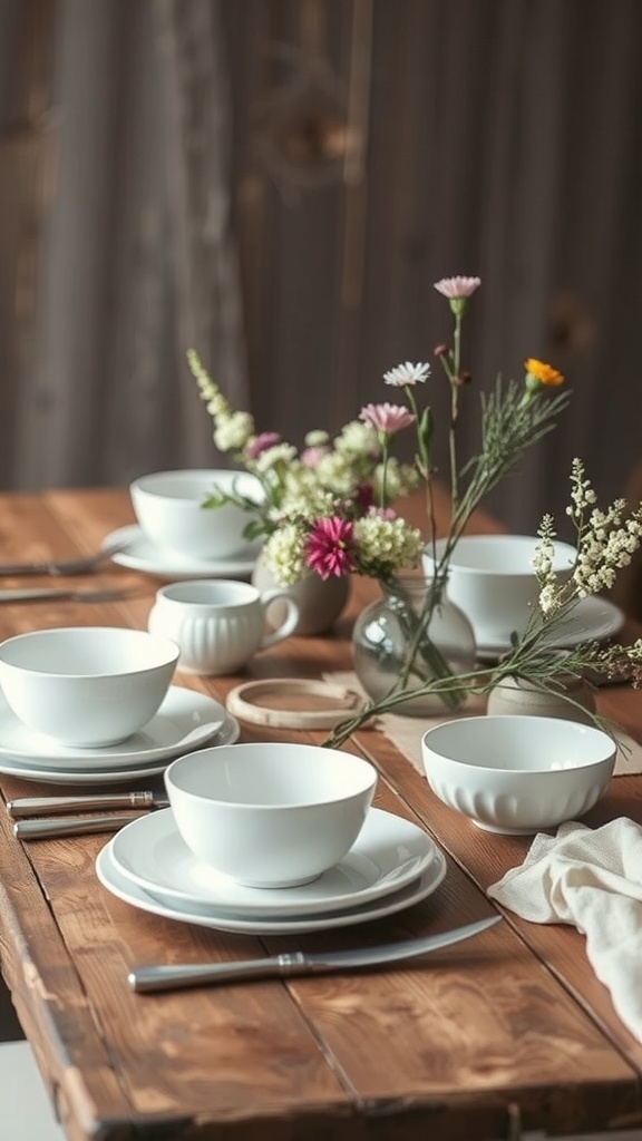 Rustic farmhouse table setting with white dinnerware and seasonal flowers