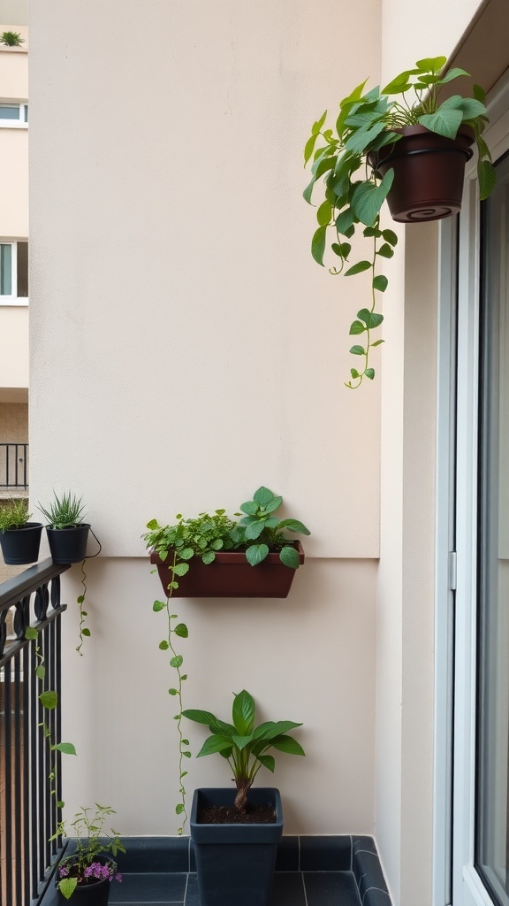 A balcony featuring wall-mounted planter boxes with various plants, including trailing vines and compact greenery.