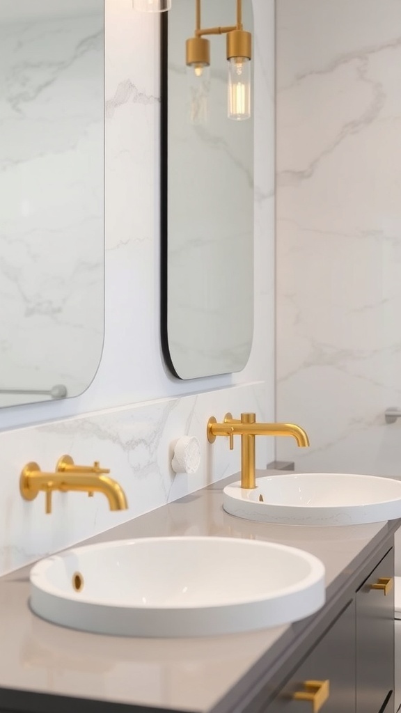 A modern bathroom featuring gold faucets and lighting fixtures against a marble backdrop.