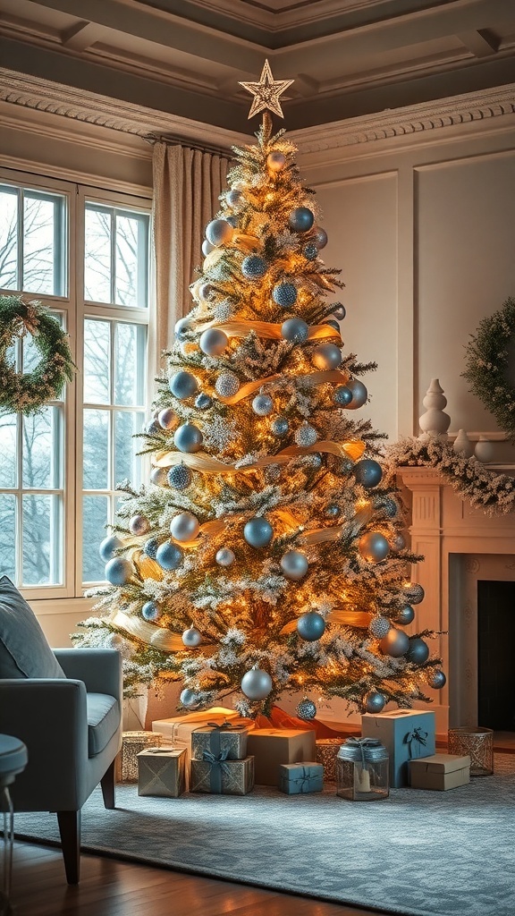 A beautifully decorated Christmas tree with gold and blue ornaments, warm lighting, and presents underneath.