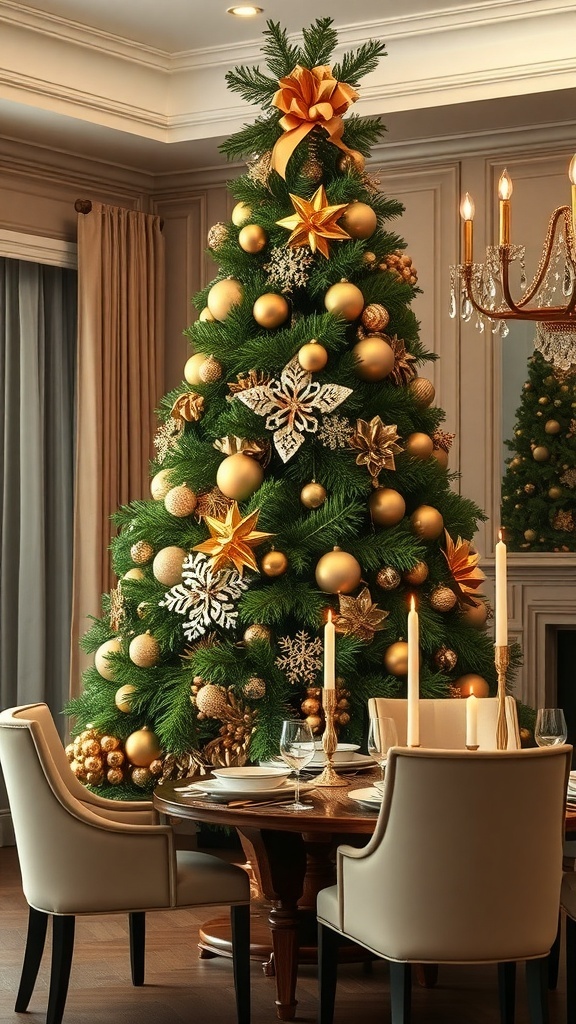 A beautifully decorated Christmas tree with gold ornaments and a cozy dining area.