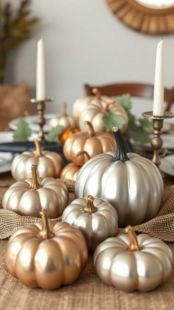 Thanksgiving table with gold and silver pumpkins and white candles on a burlap runner.