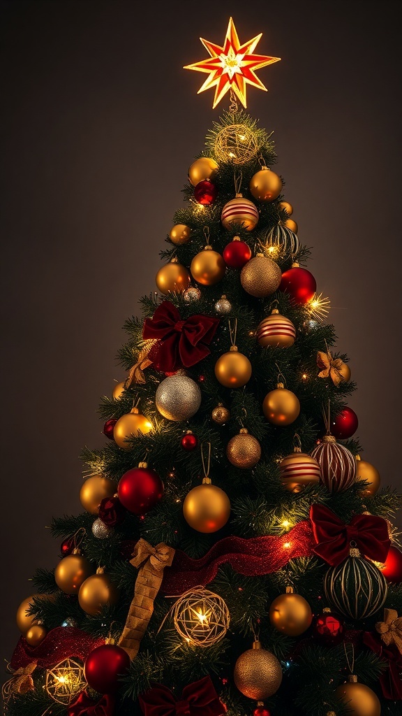 A beautifully decorated Christmas tree with gold and red ornaments, topped with a bright star.