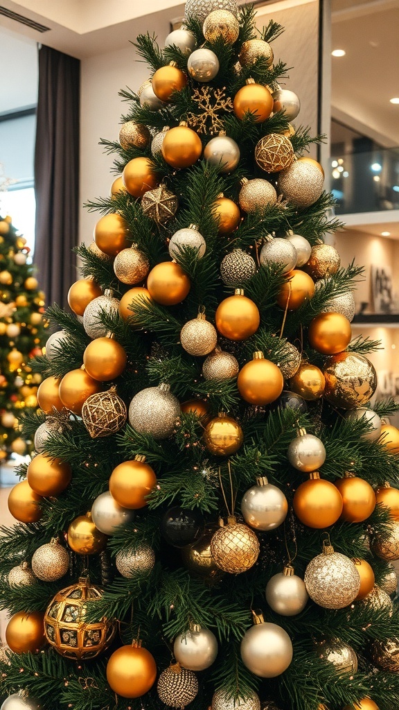 A Christmas tree decorated with gold and silver ornaments, showcasing a festive holiday look.