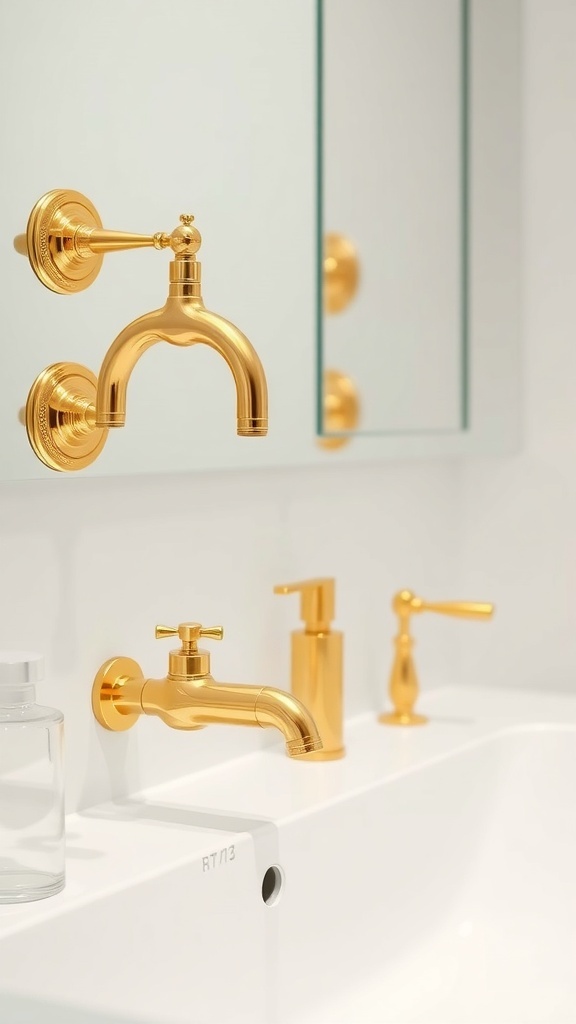 Close-up of luxurious gold bathroom fixtures including a faucet and soap dispenser.