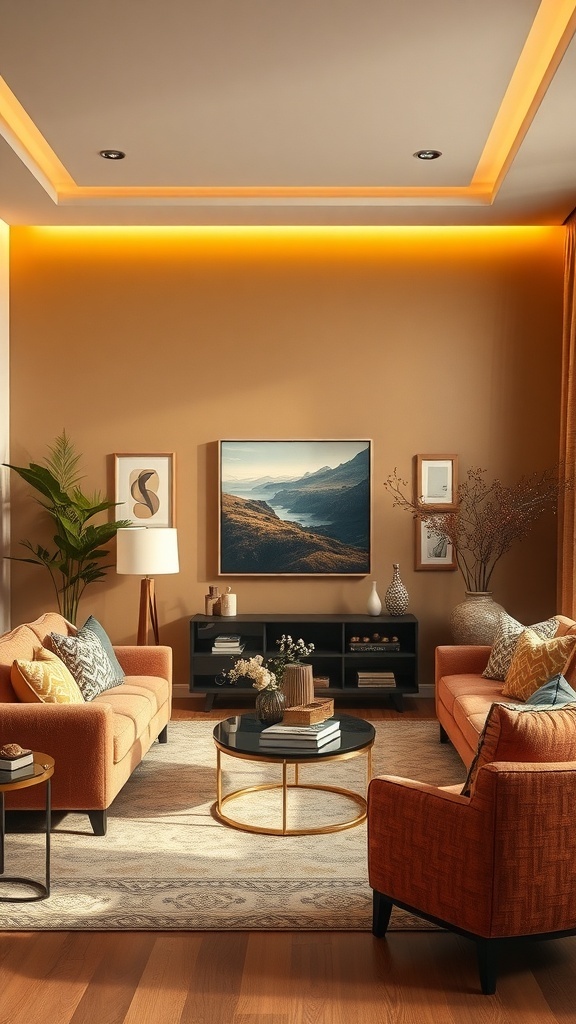 Cozy living room with golden brown walls, orange sofas, and warm lighting.