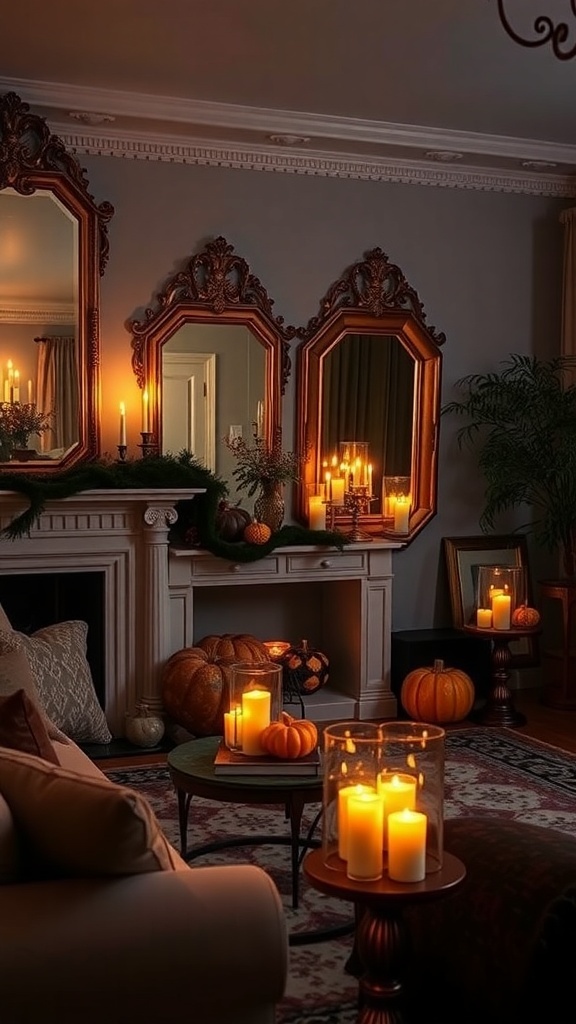 A cozy living room decorated for Halloween with golden candlelight, pumpkins, and antique mirrors.