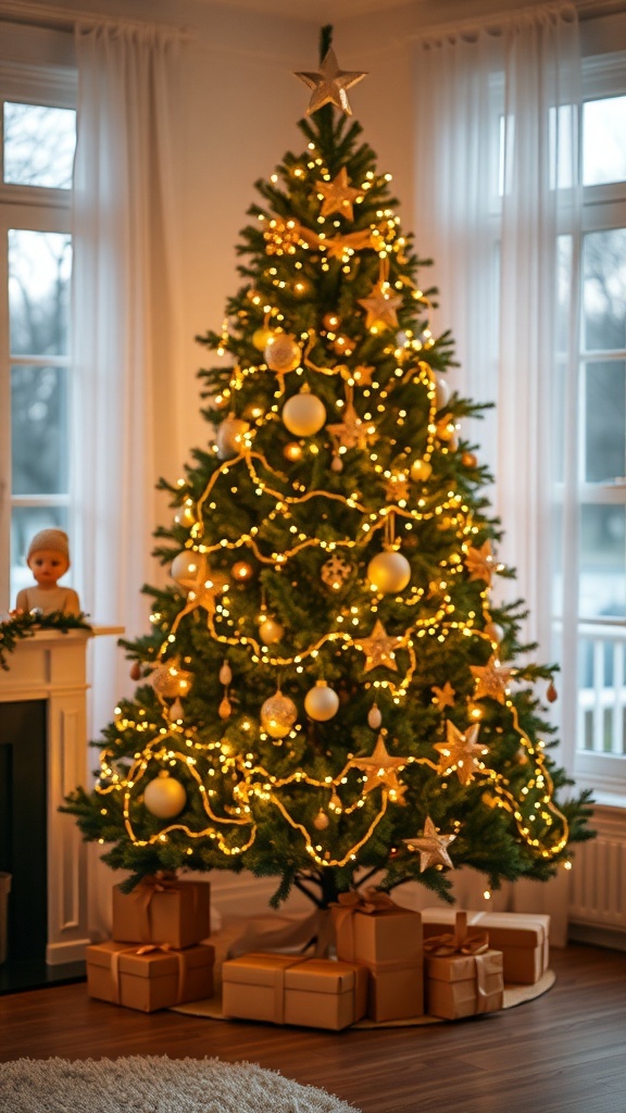 A beautifully decorated Christmas tree with golden fairy lights, ornaments, and wrapped gifts underneath.