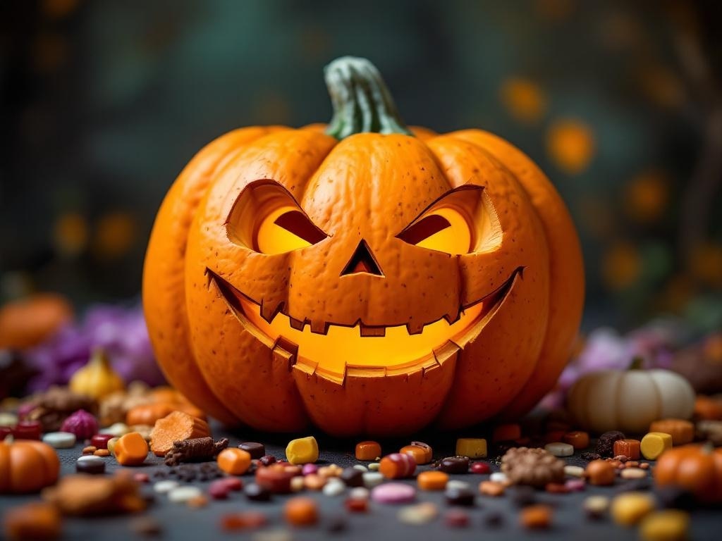 A carved pumpkin with a goofy laughing face, surrounded by colorful candies.