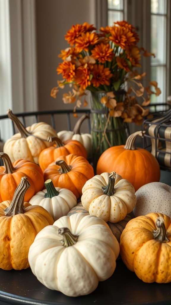 A collection of pumpkins in various colors and sizes on a table, with a vase of orange flowers in the background.