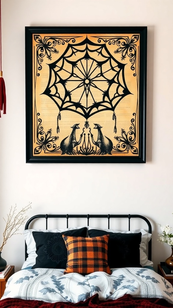 Gothic-inspired artwork featuring a spider web design and two figures, hanging above a bed with decorative pillows.