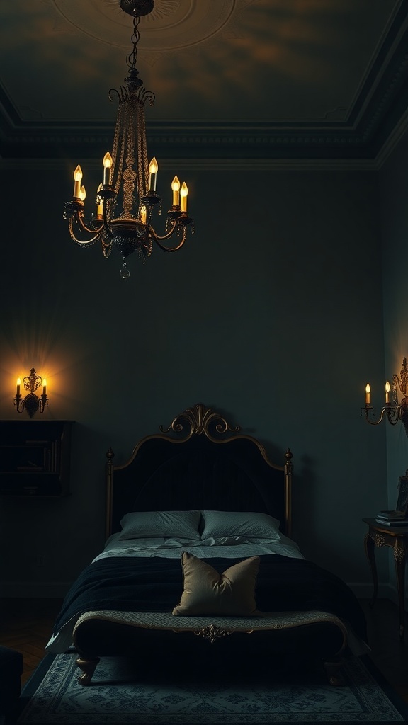 A gothic-inspired bedroom featuring a chandelier and wall sconces, creating a warm and moody atmosphere.