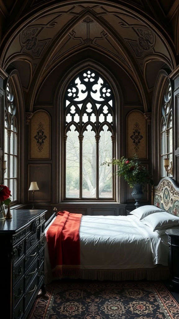 A gothic-style bedroom featuring pointed arches, large windows, dark wood paneling, and vintage decor.