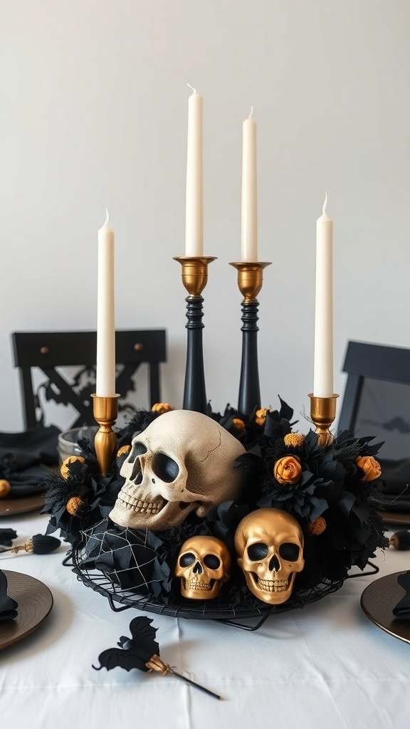 A Halloween centerpiece featuring golden skulls, black flowers, and tall black and gold candlesticks with white candles.