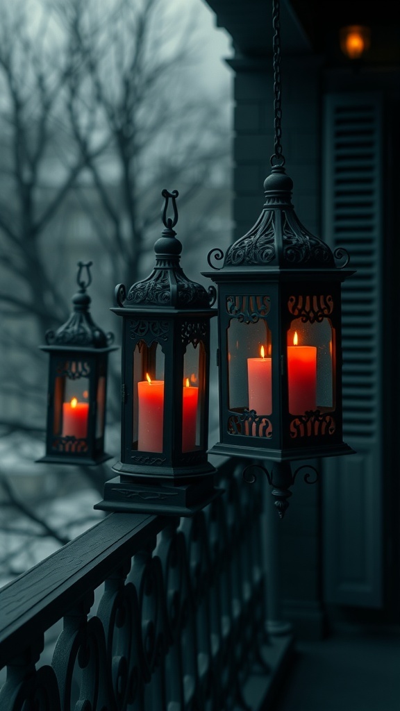 Hanging lanterns with candles glowing softly on a balcony railing, creating a gothic atmosphere.