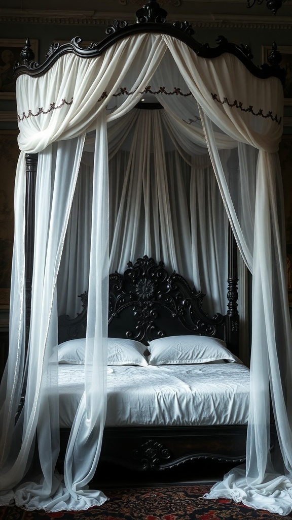 A gothic canopy bed with white drapes and an ornate black headboard.