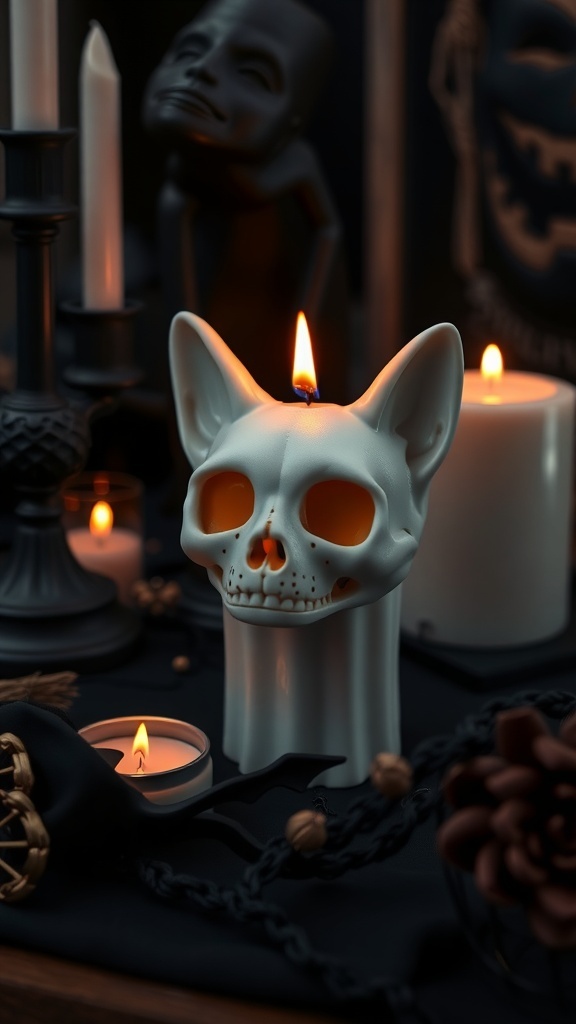 A white cat skull candle with a flickering flame, surrounded by other candles and gothic decor.