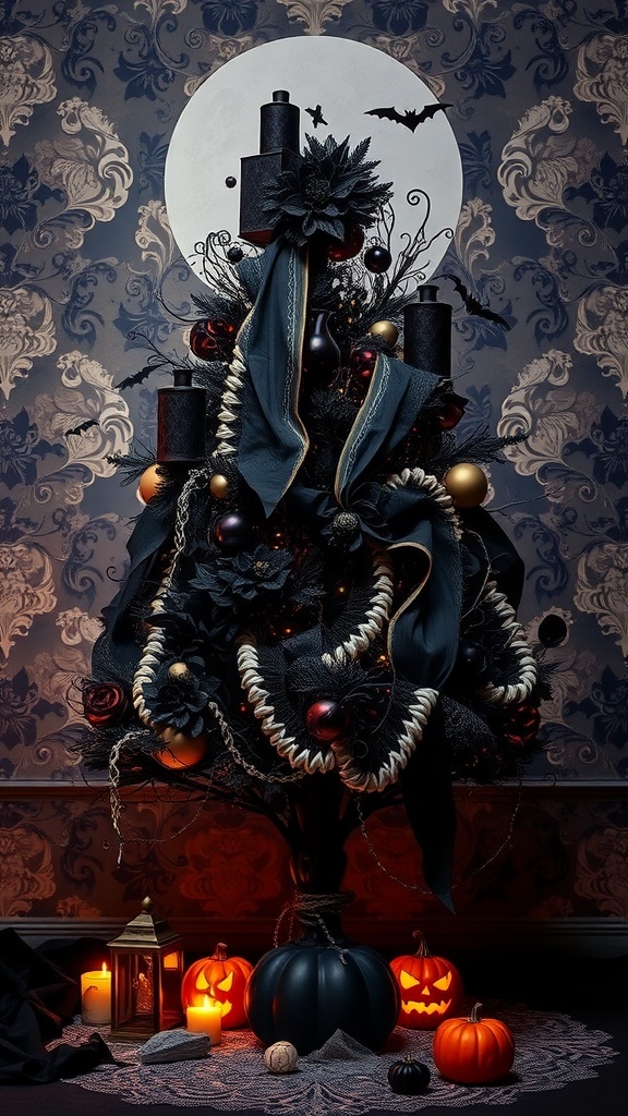 A gothic Halloween tree decorated with black flowers, red roses, and gold ornaments, surrounded by candles and pumpkins.
