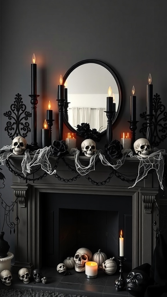 Gothic mantel display with black candles, skulls, and cobwebs.