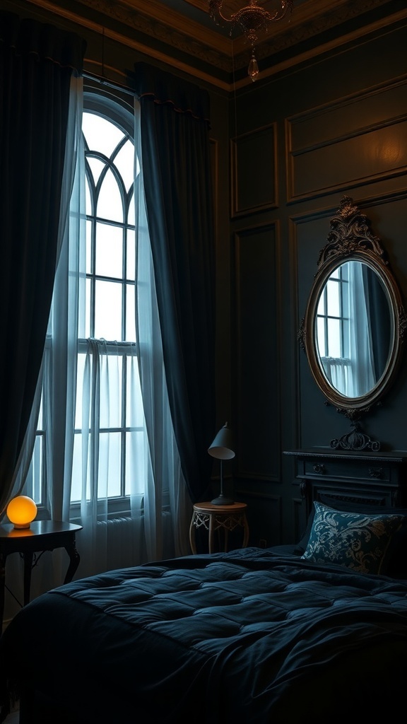 A dark boho bedroom featuring a gothic ornate mirror, deep blue bedding, and elegant curtains.