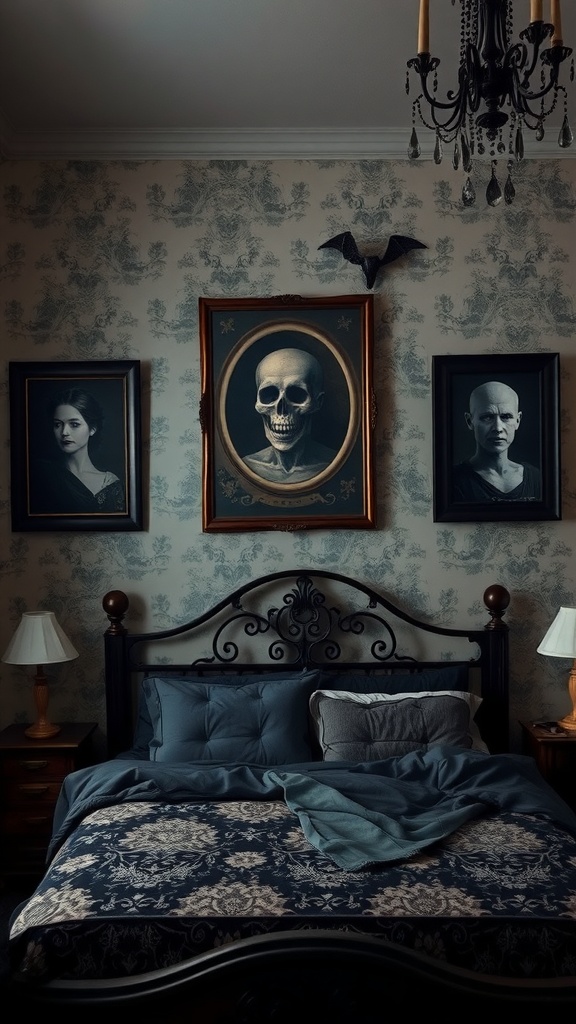 A gothic-themed bedroom featuring dark wall art, including a skull and portraits, with a cozy bed setup.