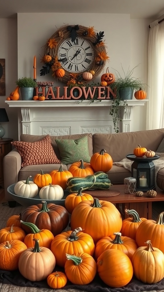 A cozy living room decorated for Halloween with a variety of pumpkins and gourds displayed on a coffee table and mantle.