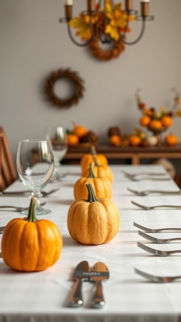 A Thanksgiving table with small pumpkins lined down the center, creating a festive and inviting atmosphere.