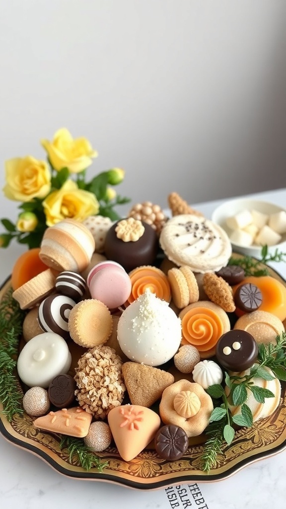A beautifully arranged platter of gourmet sweets and treats, featuring colorful candies, chocolates, and pastries, complemented by yellow roses and greenery.