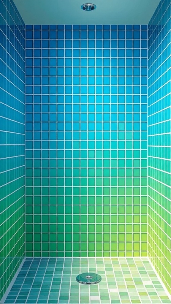 Shower with gradient blue and green tile design