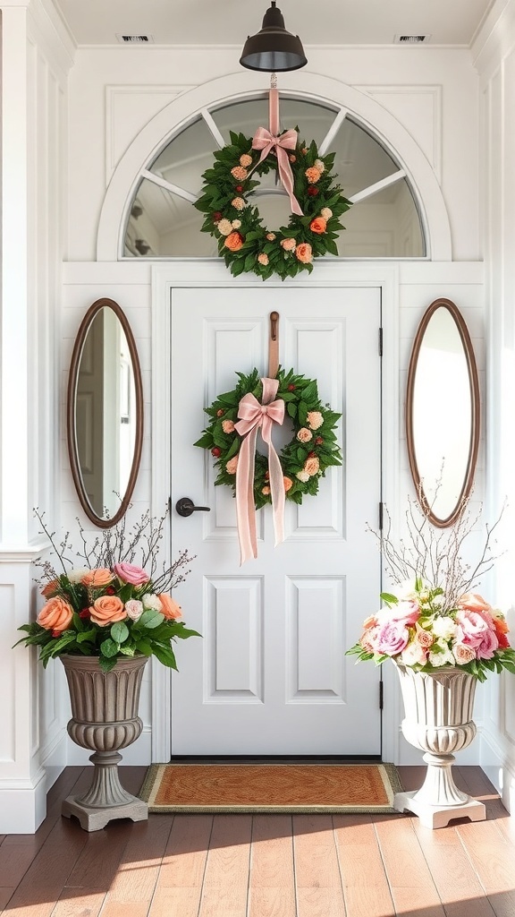 A beautifully decorated entryway featuring double wreaths on the door and floral arrangements in urns.