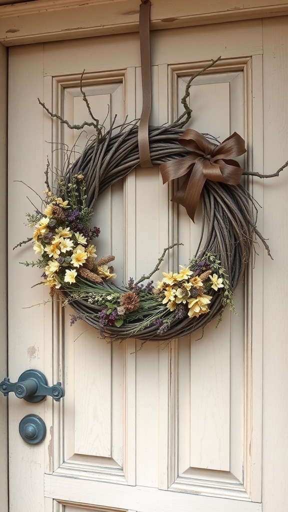 A grapevine wreath decorated with dried flowers and a brown ribbon, hanging on a door.