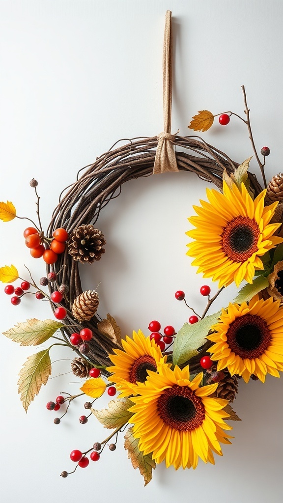 A grapevine wreath decorated with sunflowers, red berries, and pinecones.