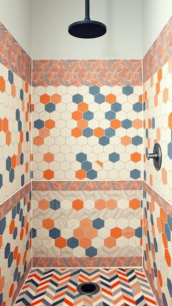 A shower with colorful hexagonal tiles in orange, blue, and neutral tones, featuring a modern geometric pattern.