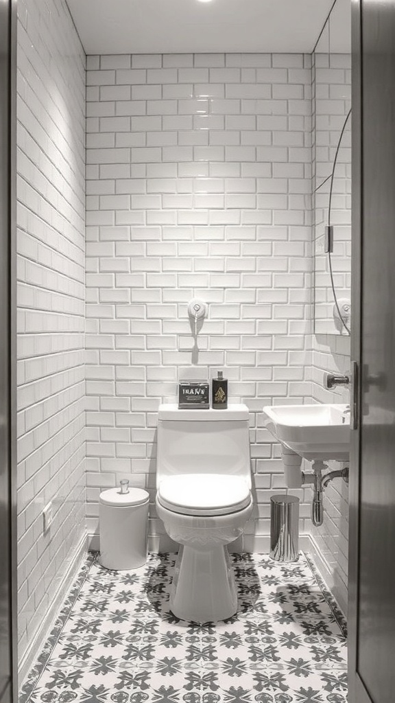 A small powder room featuring a graphic tile floor with floral patterns, white tiled walls, and modern fixtures.